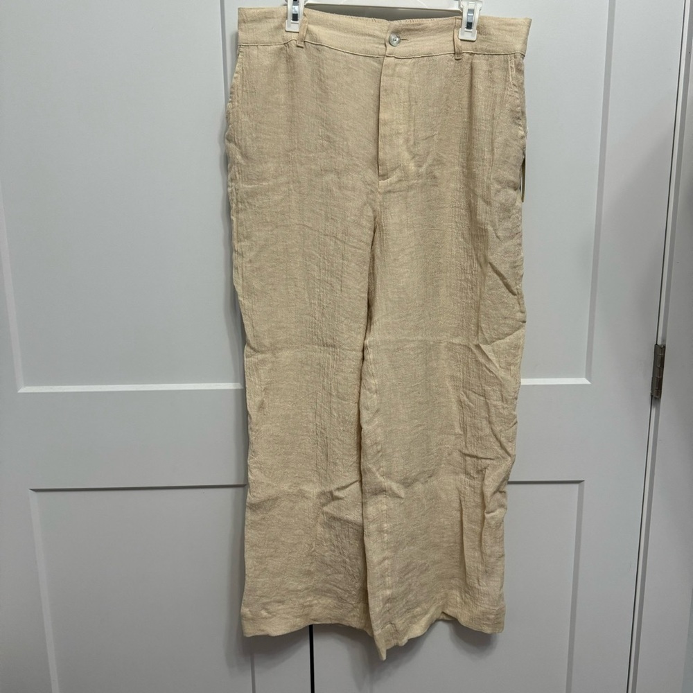 Tahari Luxe 100% Linen Women's Pants Khaki Cream NWT Size XL Lined Elastic Waist
